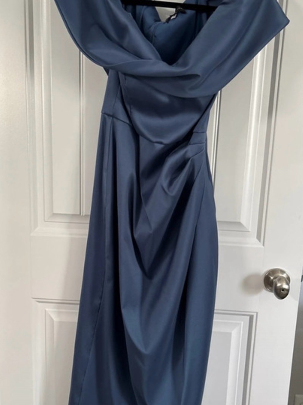 Betsy & Adam Slate Blue One-Shoulder Satin Evening Gown